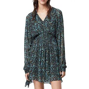 All Saints Nichola Plume Mini Dress XS Long Sleeve Asymmetric Hem Smocked Waist